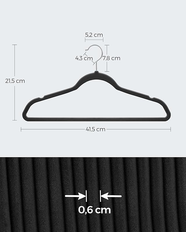 Percha de Terciopelo, Juego de 20, Antideslizantes, con Barra Corbata y Gancho Negro, 0,6 cm Espesor, Ahorra Espacio, 41,5 cm Largo, Abrigo Pantalón, Negro Tinta y Plata CRF026B20