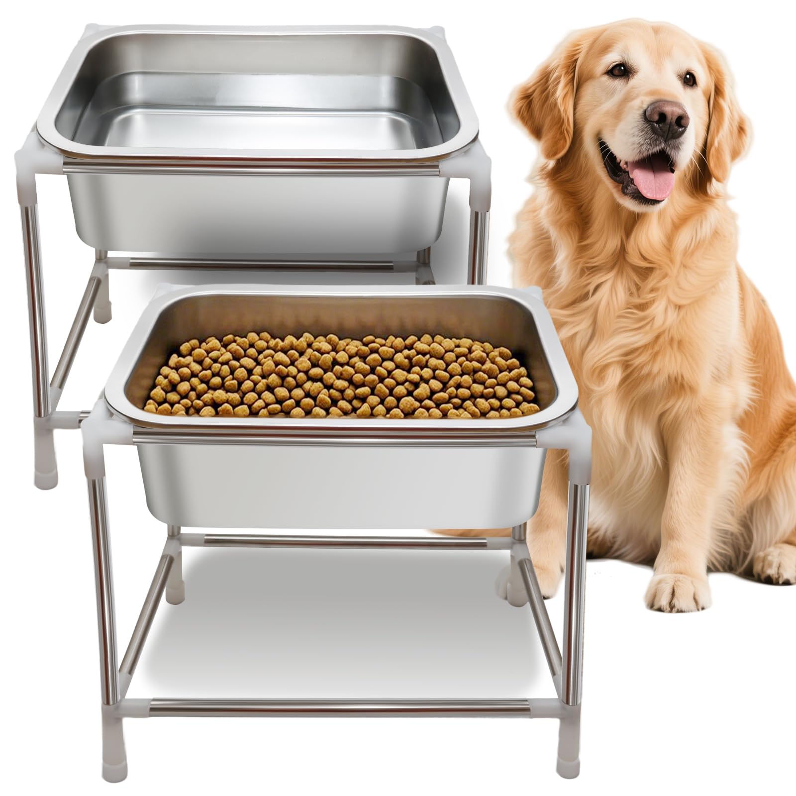 Photo 1 of 1.5 Gals 2 Sets Raised Dog Water Bowl Large Sized Dog Elevated Dogs Food and Water Bowl with Stand for Medium to Large Breeds Stainless Steel Indoor Outdoor Pets Feed Waterer Station (2 Sets)
