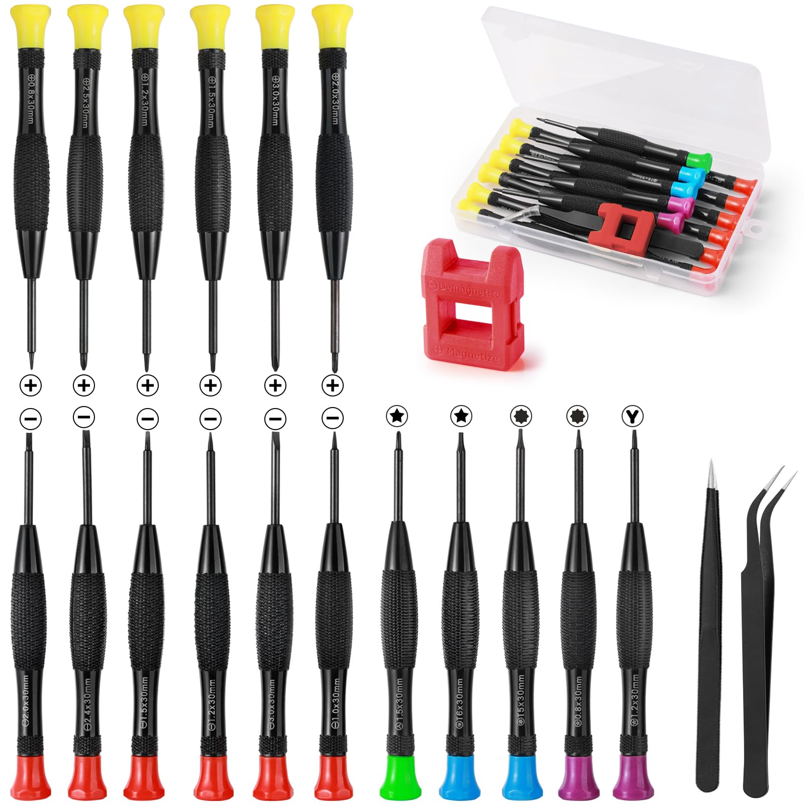 Amentalove 19PCS Mini Screwdriver Set, Glasses Screwdriver, Small Screwdriver Set with 2 Tweezers, 1 Magnetizer and Storage Case, Magnetic Micro Screwdrivers for Glasses PS4 Watches Jewelers