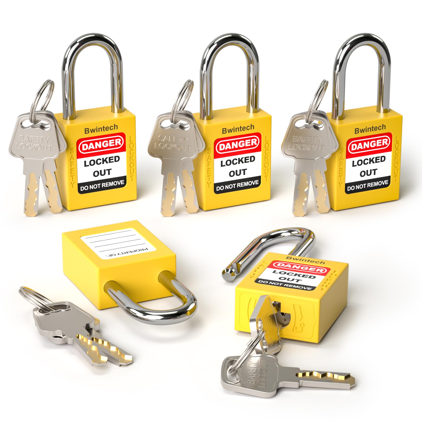 Bwintech 5 Pcs 38MM Keyed Different Yellow Safety Padlock Lockout Tagout Lock for Lock Out Tag Out Stations and Devices