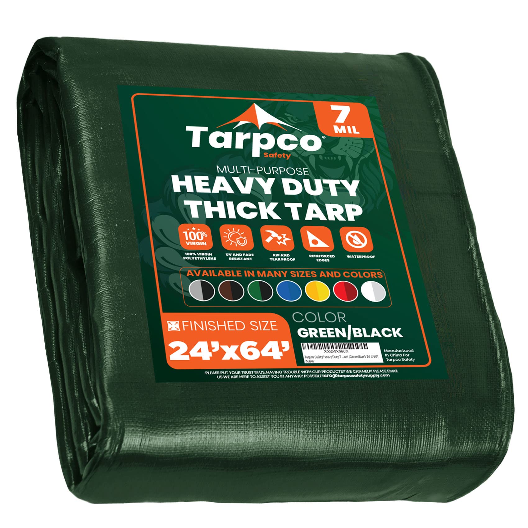 Tarpco Safety Heavy Duty 7 Mil Tarp Cover, Waterproof, UV Resistant, Rip and Tear Proof, Poly Tarpaulin with Reinforced Edges for Roof, Camping, Patio, Pool Cover, Boat (Green/Black 24′ X 64′) Image