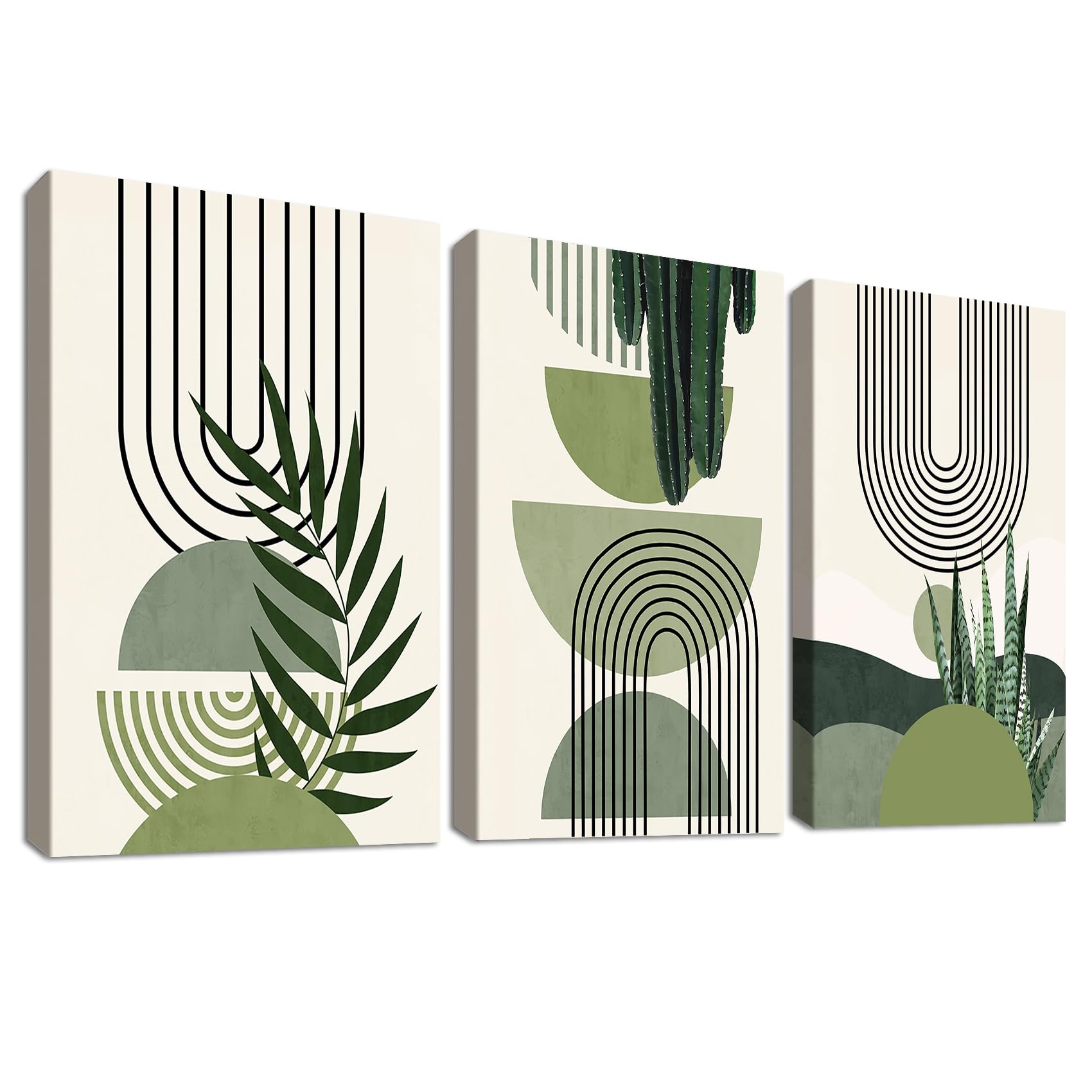 3 Pcs Wooden Framed Canvas Wall Art Set Bohemian Sage Green Canvas Prints Poster Geometric Line Beige Green Pictures for Living Room Bedroom Dinning Room Hallway Stairs Wall Decor 40x60cm x3pcs — image 1