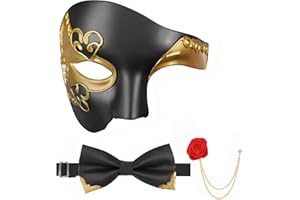 FunMular Masquerade Mask for Men Phantom of The Opera Mask Half Face with Bowtie Brooch for Halloween Mardi Gras Party