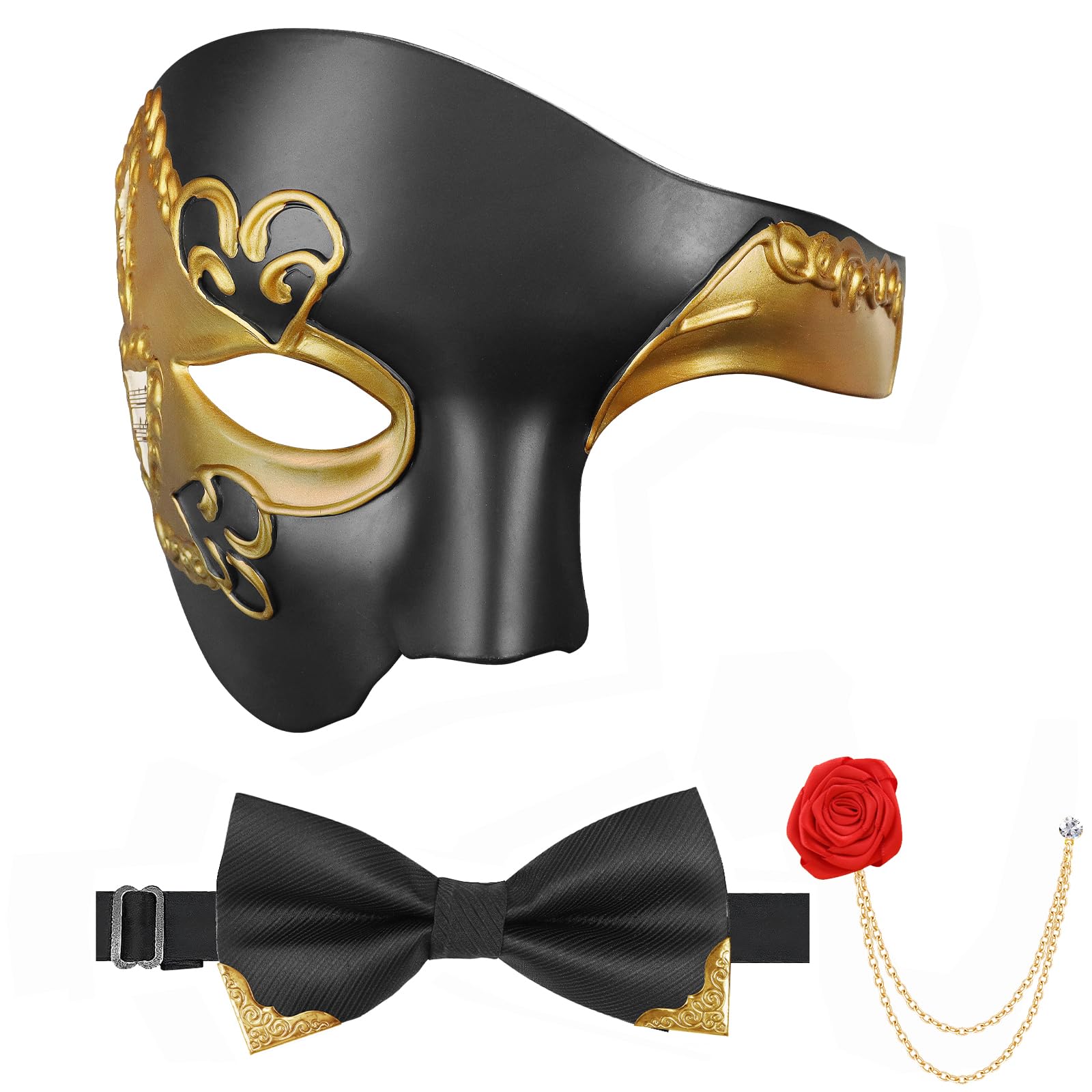 Photo 1 of *Just mask* FunMular Masquerade Mask for Men Phantom of The Opera Mask Half Face with Bowtie Brooch for Halloween Mardi Gras Party