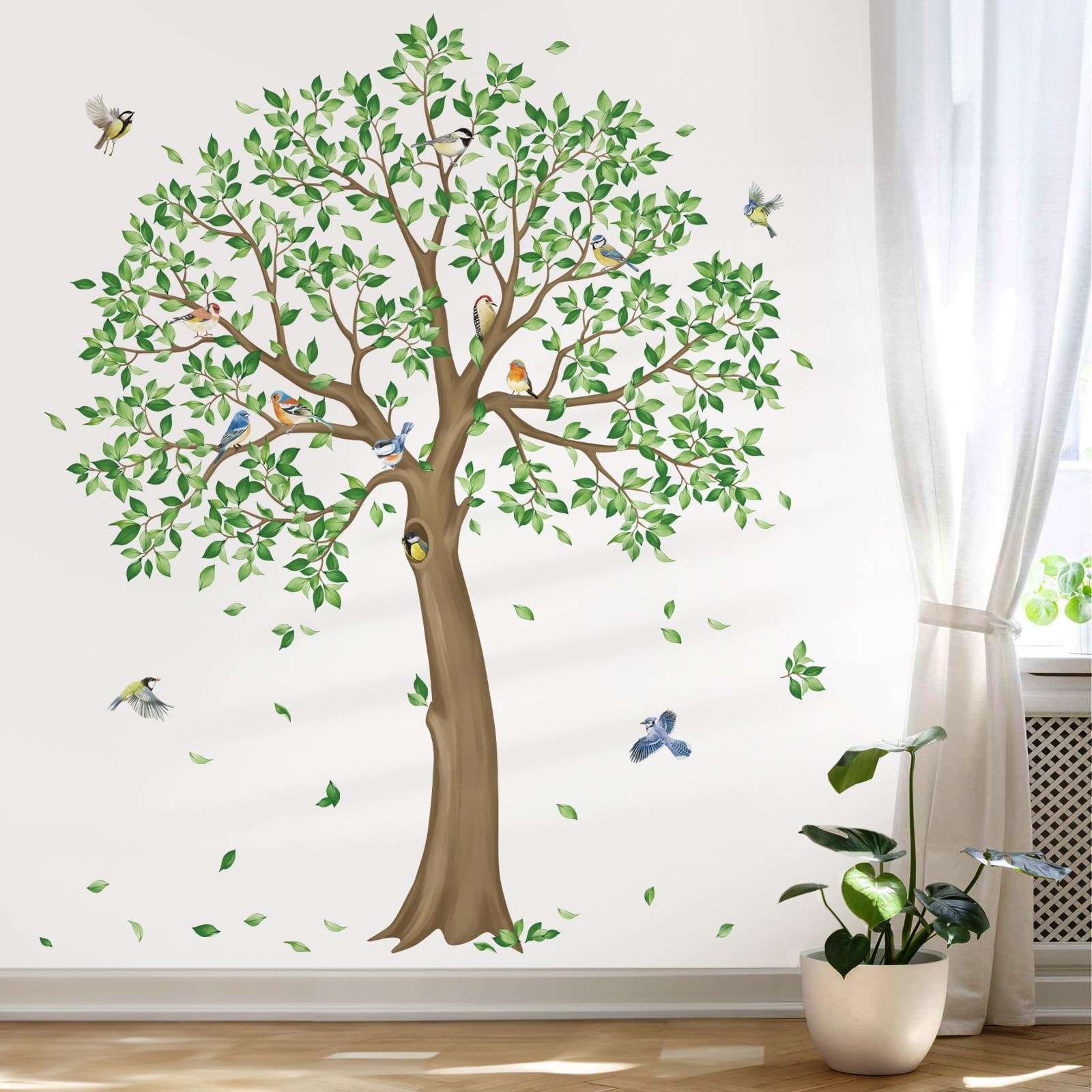decalmile Large Green Tree Wall Stickers Falling Leaves Birds Wall Decals Living Room Bedroom Office Wall Decor(H: 59 inches/150 cm) — image 1