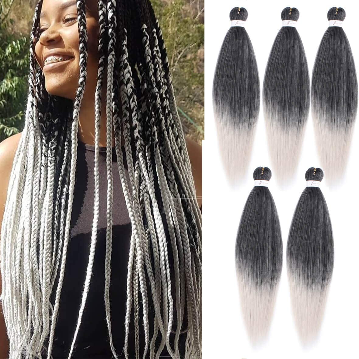 Leeven Pre Stretched Braiding Hair 20 Inch Ombre Silver EZ Braids Kanekalon Yaki Texture Pre Stretched Hair Extensions for Woman /1BSilver# โ image 1