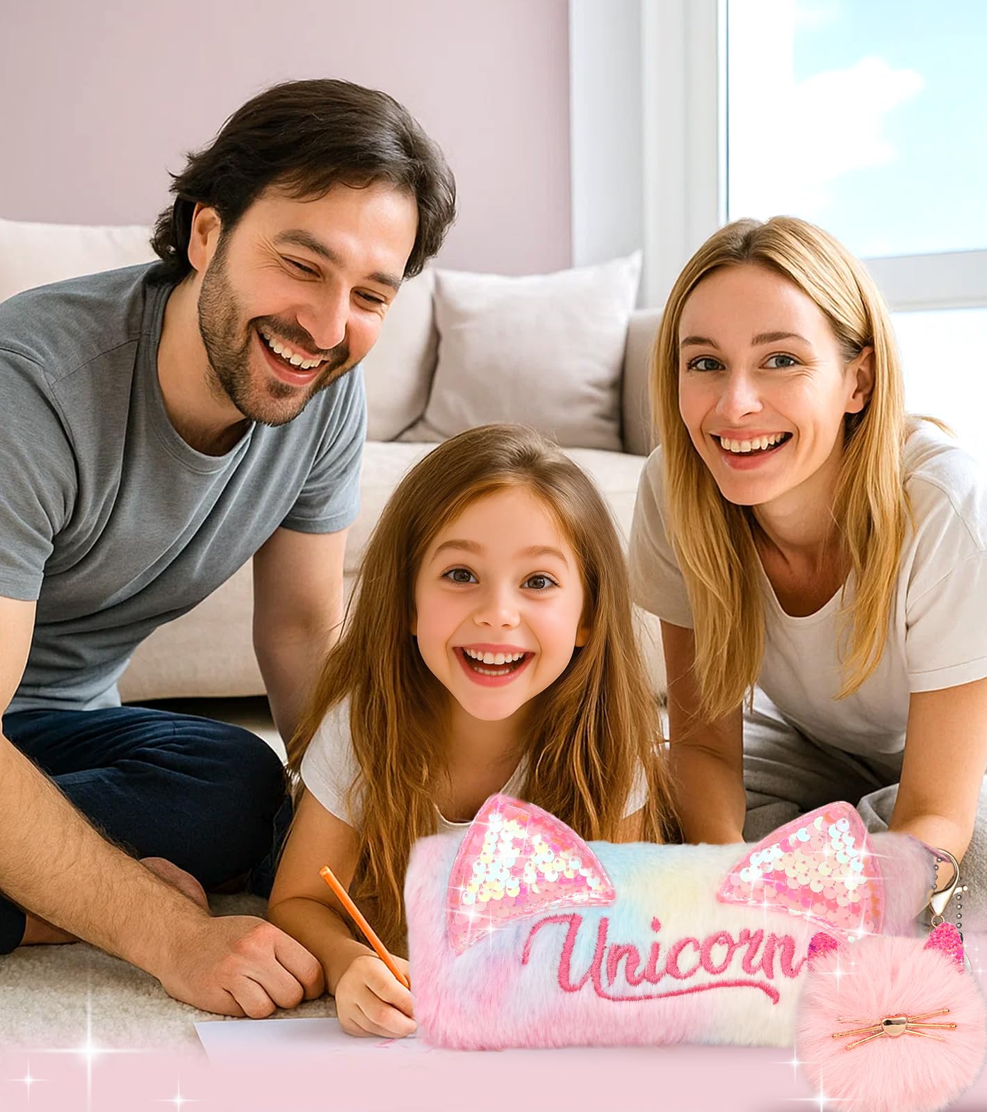 Cute Pencil Case for Girls - Back to School Stuff Zipper Pencil Case Aesthetic, Soft Plush Pen Bag for Students, Glitter Bling Study Supplies Stationery, Sparkly Cat Ear Sequin Makeup Bag