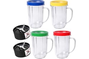 Replacement Cups & Cross Blades Set for Magic Bullet 250W MB1001 – 4 Mugs + 2 Blades + 4 Lip Rings, BPA-Free Blender Repair K