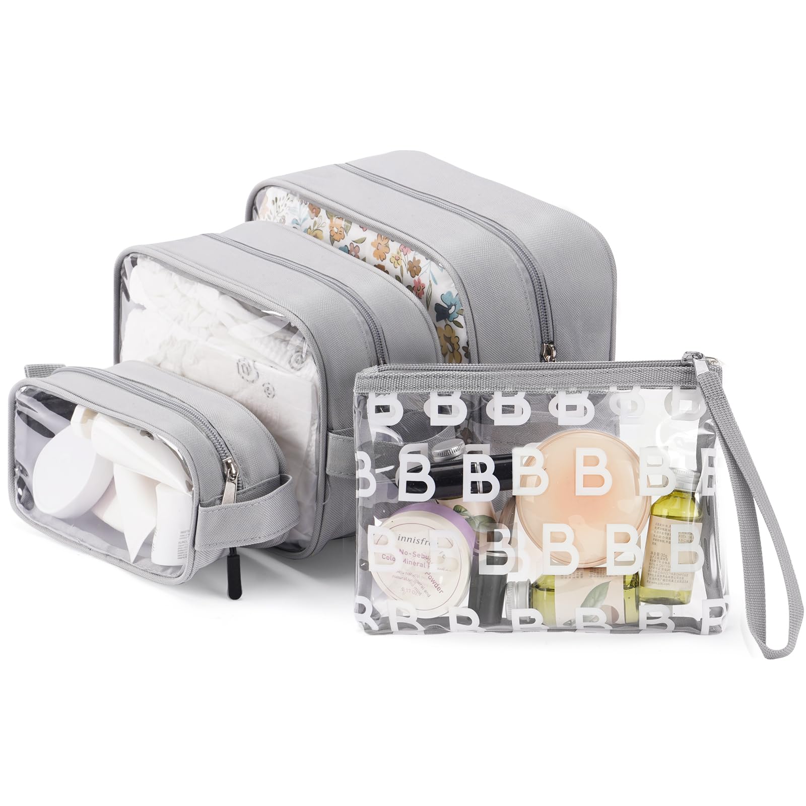 Photo 1 of PHOEBUS BABY 4-Piece Diaper Bag Organizer Pouch Set - Clear Waterproof Travel Toiletry Packing Cubes, Baby Essentials Organizing Bags for Nursery, Grey
