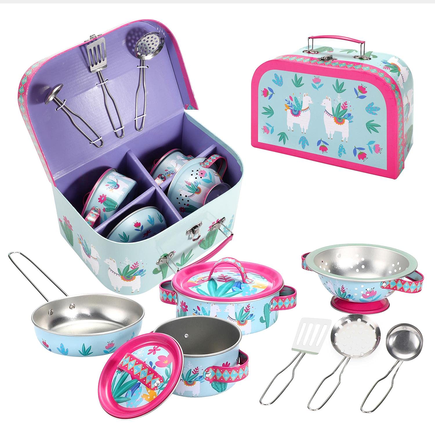 SOKA Llama Metal Kids Kitchen Set with Carry Case - 10 Pcs Illustrated Colourful Design Pretend Role Play Toy Pots and Pans Set Toy Kitchen Accessories for Children Boys Girls