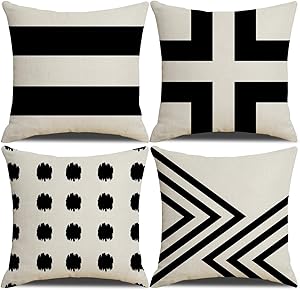 QIQIANY Set of 4 Modern Geometric Decorative Pillow Covers 18x18 Inch Square Linen Black Farmhouse Decor Throw Pillows Home Decor Cushion Covers for Couch Sofa Living Room