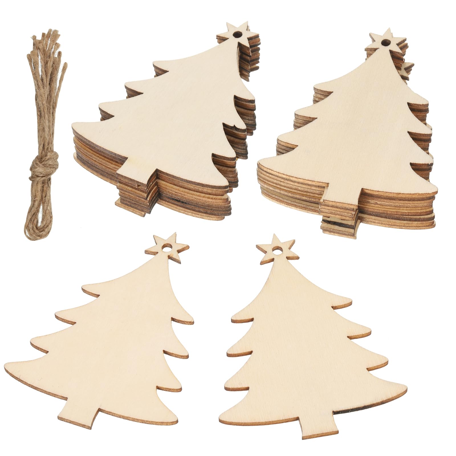 PATIKIL Wooden Embellishments, 20 Pack Tree Shape Wood Cutout Hanging Ornaments with Twine for DIY Crafts Decor Party Christmas Decorations