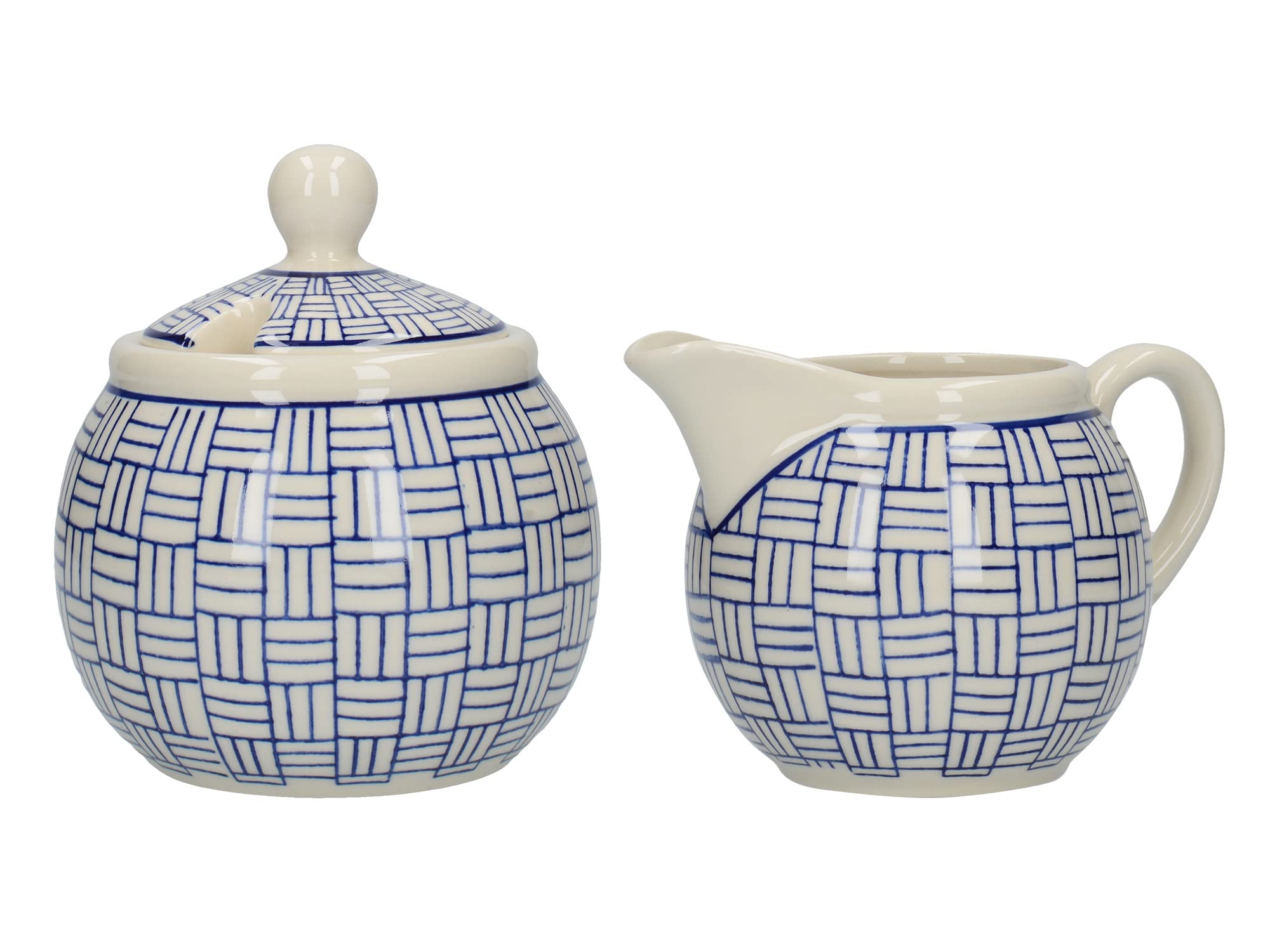 London Pottery Out of The Blue Milk Jug and Sugar Bowl Set with Lattice Design, Stoneware, White/Blue, 2 Pieces