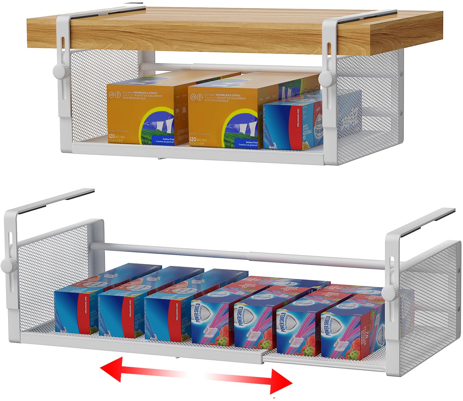Photo 1 of AmonHouseware 2Pack Under Shelf Basket, Adjustable Hanging Under Cabinet Shelf Storage, Hanging Holder Length Stretchable 14.9-22.6Inch for Kitchen Pantry Desk Counter Bookshelf Cupboard (White)