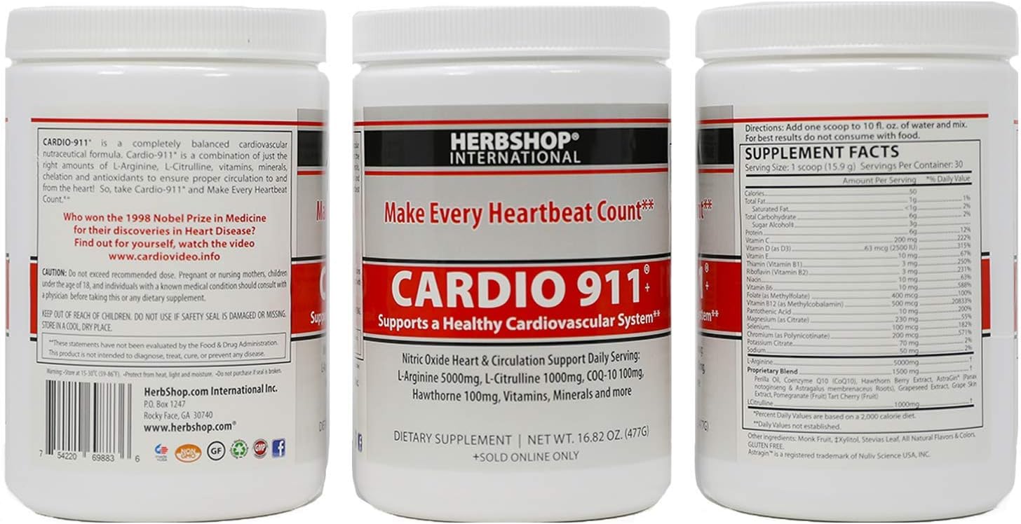 Cardio 911® Heart Health - Nitric Oxide Supplement - (16.82 Ounce Powder with Scoop) - Tart Cherry Flavor L-Arginine 5000 mg and L-Citrulline 1000 mg Combo, Pack of 1: Health & Personal Care