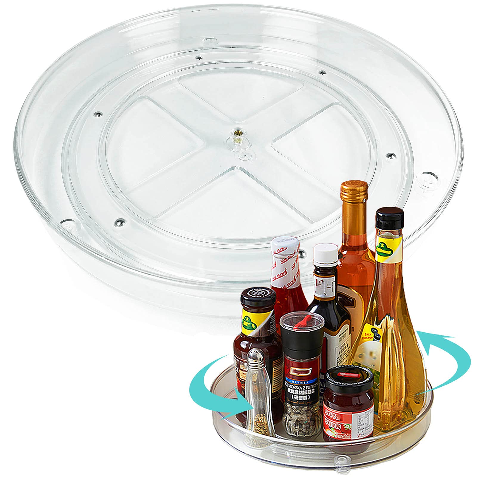 Skupro Lazy Susan Turntable Cupboard Organizer, Kitchen Rotating Spice Rack, Non-Slip Condiment Holder, Pantry Plastic Storage Tray Organiser (Transparent)