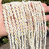 60 Pcs Daisy Glass Beads Handmade White Daisy Flower Beads Flat Small Flower Loose Spacer Bead for DIY Bracelets Necklace Earrings Beading Jewelry Making (6mm)