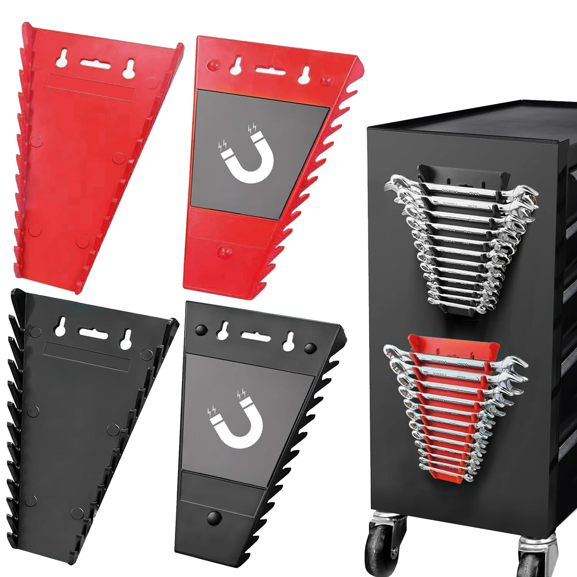 Magnetic Wrench Organizer 2-Piece,Wrench Rack Tool Trays, SAE (1/4" to 1-1/16"), Metric (6mm to 24mm),24-Slot Drawer Storage Tools, Wrench Set Holder,red Black