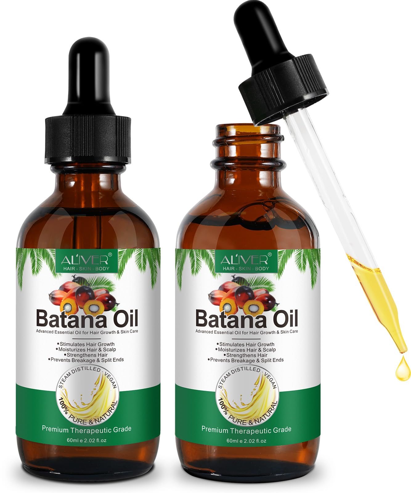 2 Pack Batana Oil for Hair Growth, 60ml Organic, Strengthening and Thickening Hair, Repair Damaged Hair, Nourishes Scalp, Natural Raw for Women and Men