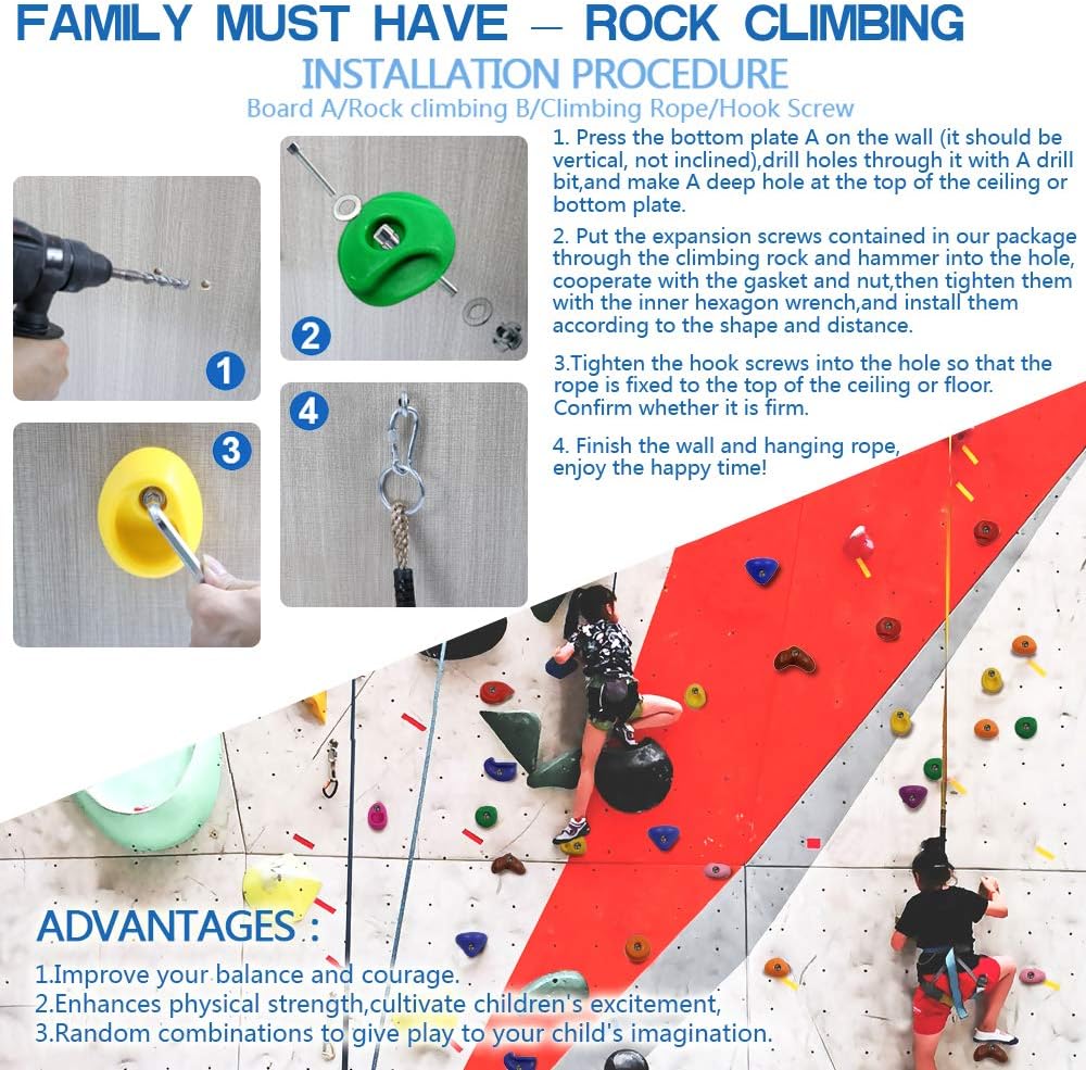 Newtion 25 Multi-Size Rock Climbing Holds for Kids and Adult,DIY Rock Climbing Holds Set with 25 Bolts,T-Nuts,Washers and 8 Foot Knotted Rope-Kids Indoor and Outdoor Play Set Use: Toys & Games