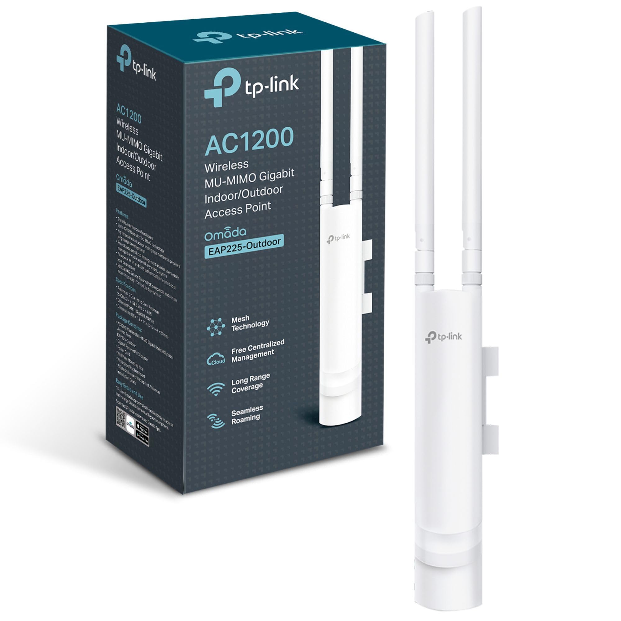 TP-Link EAP225-Outdoor AC1200 WiFi 5 Access Point, Support PoE MU-MIMO,Gigabit Wireless Access Points, Omada Mesh, Seamless Roaming, Optimal for Garden/Office WiFi, IP65 Weatherproof