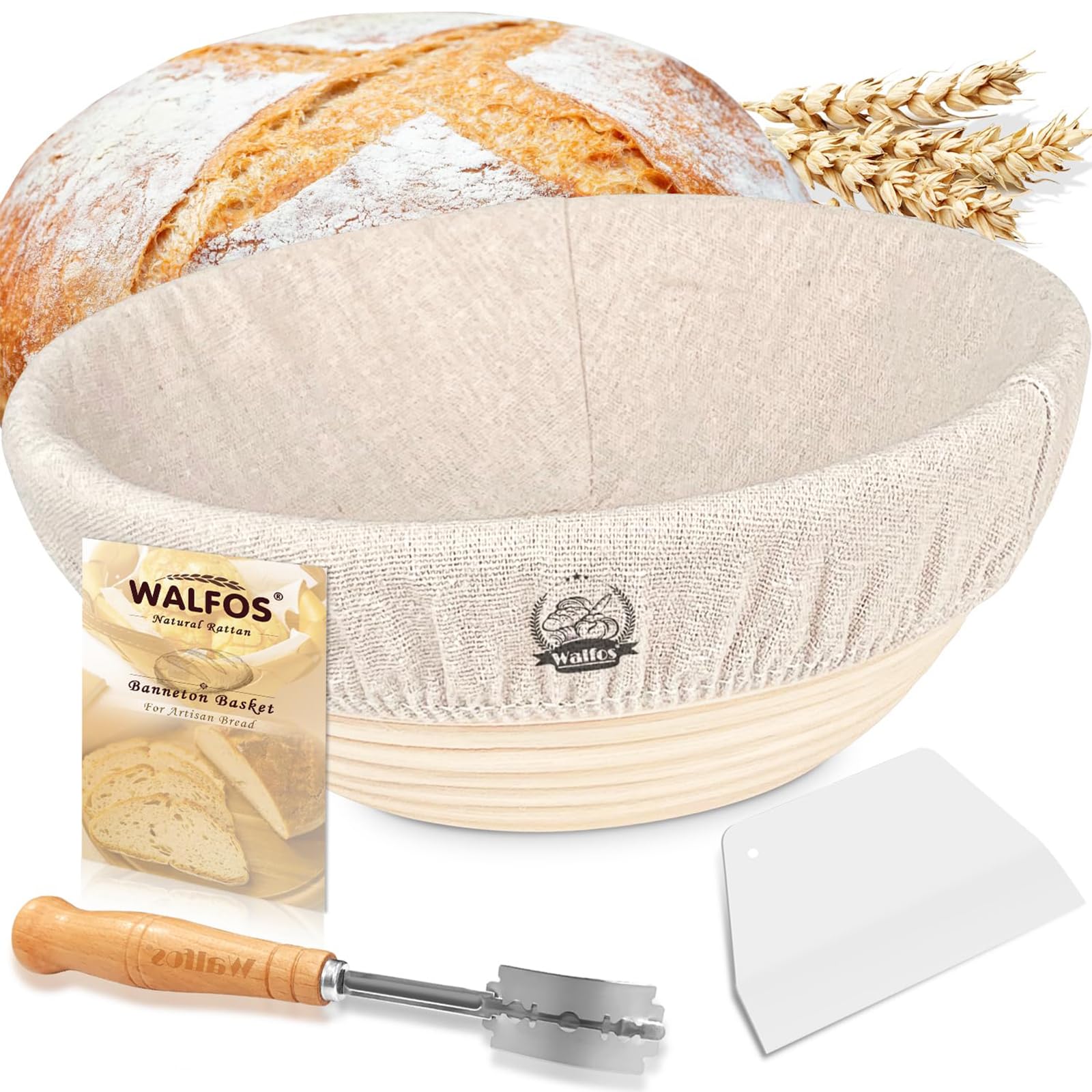 Walfos Sourdough Starter kit Banneton Proofing Basket Set9"/23cm - Natural Rattan - Hand Crafted Bread Lame, Linen Cloth Liner & Dough Scraper Included, Professional Bakers