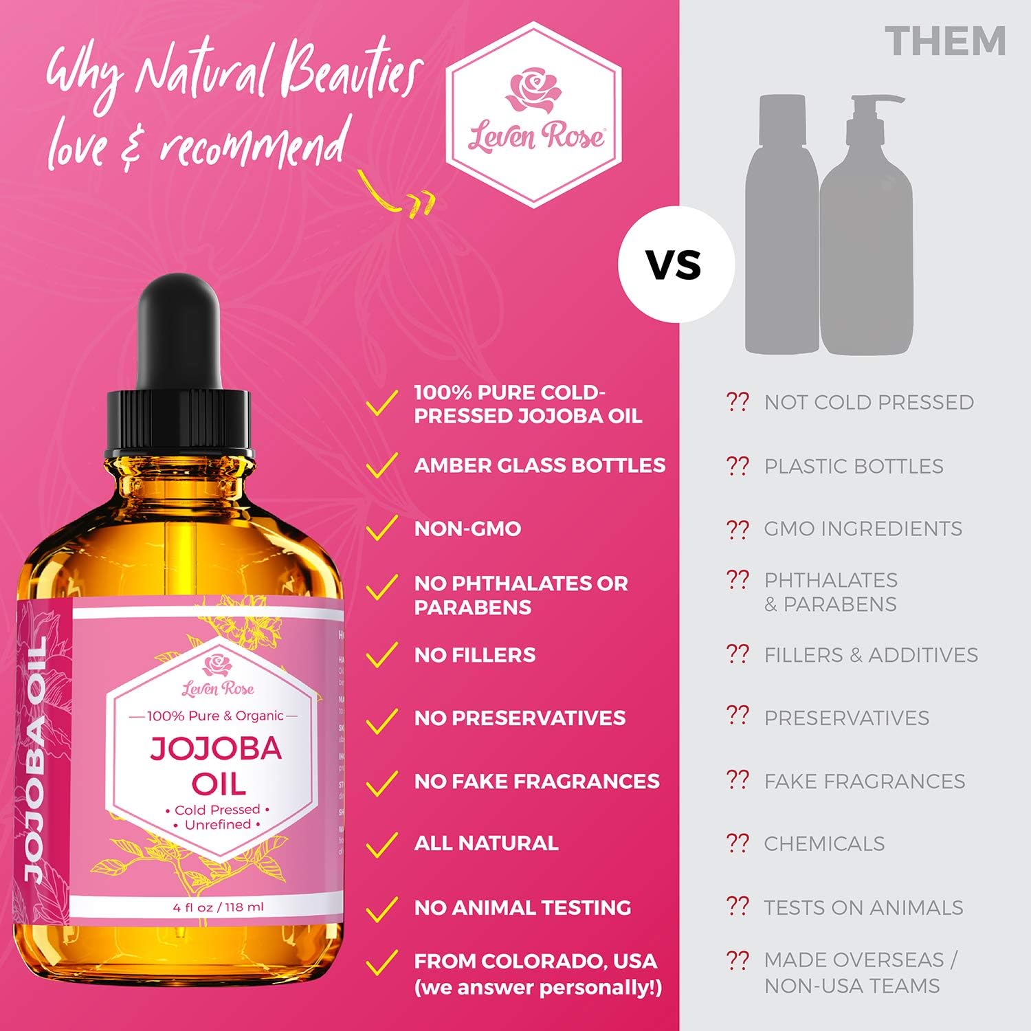 Jojoba Oil by Leven Rose, Pure Cold Pressed Natural Unrefined Moisturizer for Skin Hair Body and Nails 4 oz: Health & Personal Care