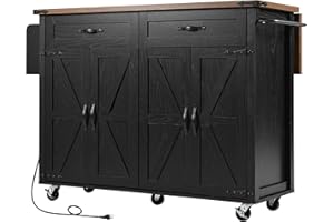 Farmhouse Style Large Mobile Kitchen Island with Power Outlet, 53.5" Rolling Kitchen Cart with Drop Leaf, Storage Shelves, Dr