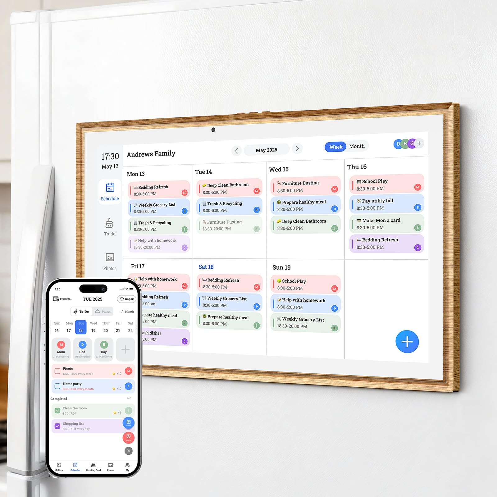 Photo 1 of JSUSOU Magnetic Fridge Digital Smart Calendar 15.6" with FREE APP, Auto Sync Electronic Planner for Desk & Wall Touch Screen, Magnetic Refrigerator Mounted, Gifts for Mom Women Her, Teak Wood Grain