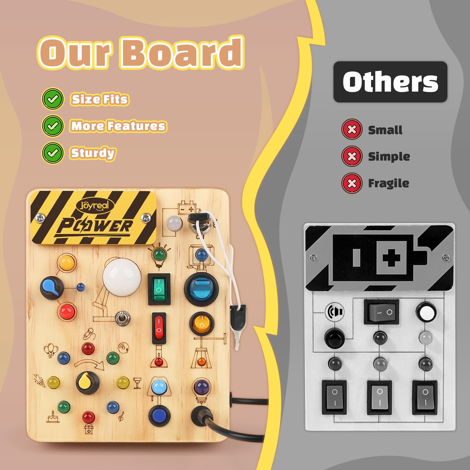 Joyreal Montessori Busy Board Wooden Sensory Toys for Toddler with LED Light Up Switch, Baby Fidget Board Travel Toys for 18+ Months, Boys Girls Birthday, Medium