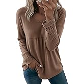 Dokotoo Women's Tops Casual V Neck Long Sleeve Waffle Knit Textured Lace Hollow Out Shirts Loose Tunic Tops Blouses