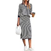 Glamaker Womens 2 Piece Skirt Sets Striped Sweater Dress Casual Polo Neck Knit Long Sleeve Midi Dresses Fall Fashion Outfits
