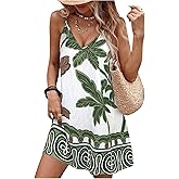 SOLY HUX Women's Summer Boho Printed Mini Dress V Neck Spaghetti Strap Flowy Vacation Cami Dresses Sundress