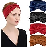 Sibba 4 Pack Bohemian Knotted Headbands for Women Non Slip Stretchy Turban Hair Wraps Thick Yoga Headbands for Sports Workouts and Christmas Dressy Headwear Outfits Headpiece