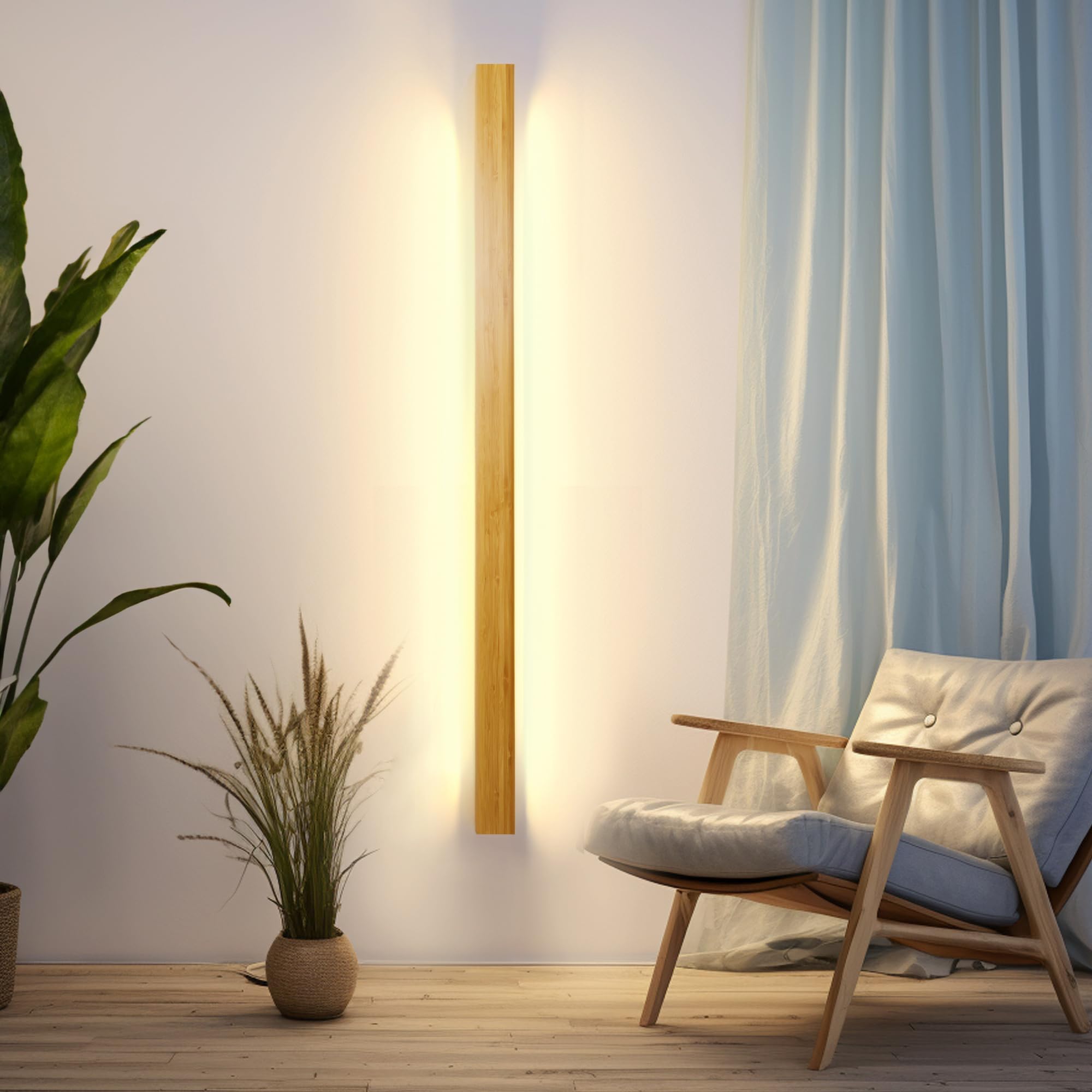AOEH Modern Bamboo Wooden LED Wall Light, 100cm x 8cm x 5cm, 31W 3000K Warm White, Wall Sconce, Bedroom Living Room Study Stair Indoor Wall Light