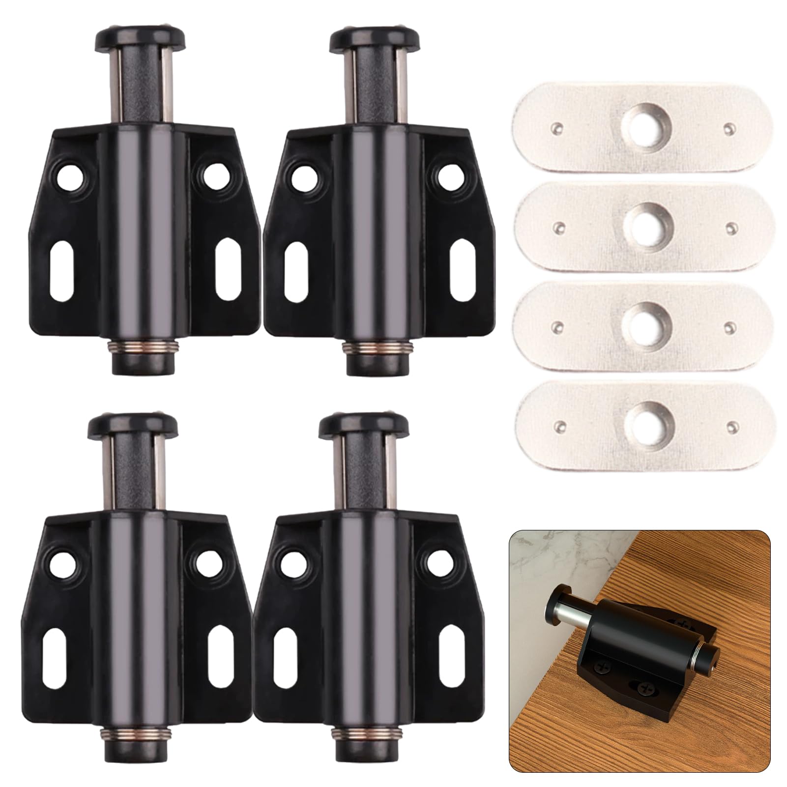 4 Pack Push to Open Door Catch, Single Magnetic Pressure Touch Release Latch with Fixing Screw Door Heavy Duty Latches, Plastic Soft Magnetic Catches for Cupboards Kitchen Bathroom Room Doors