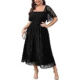 SCOMCHIC Women's Plus Size Wedding Guest Dress Formal Lace Square Neck Short Sleeve Smocked Flowy Cocktail Maxi Dresses
