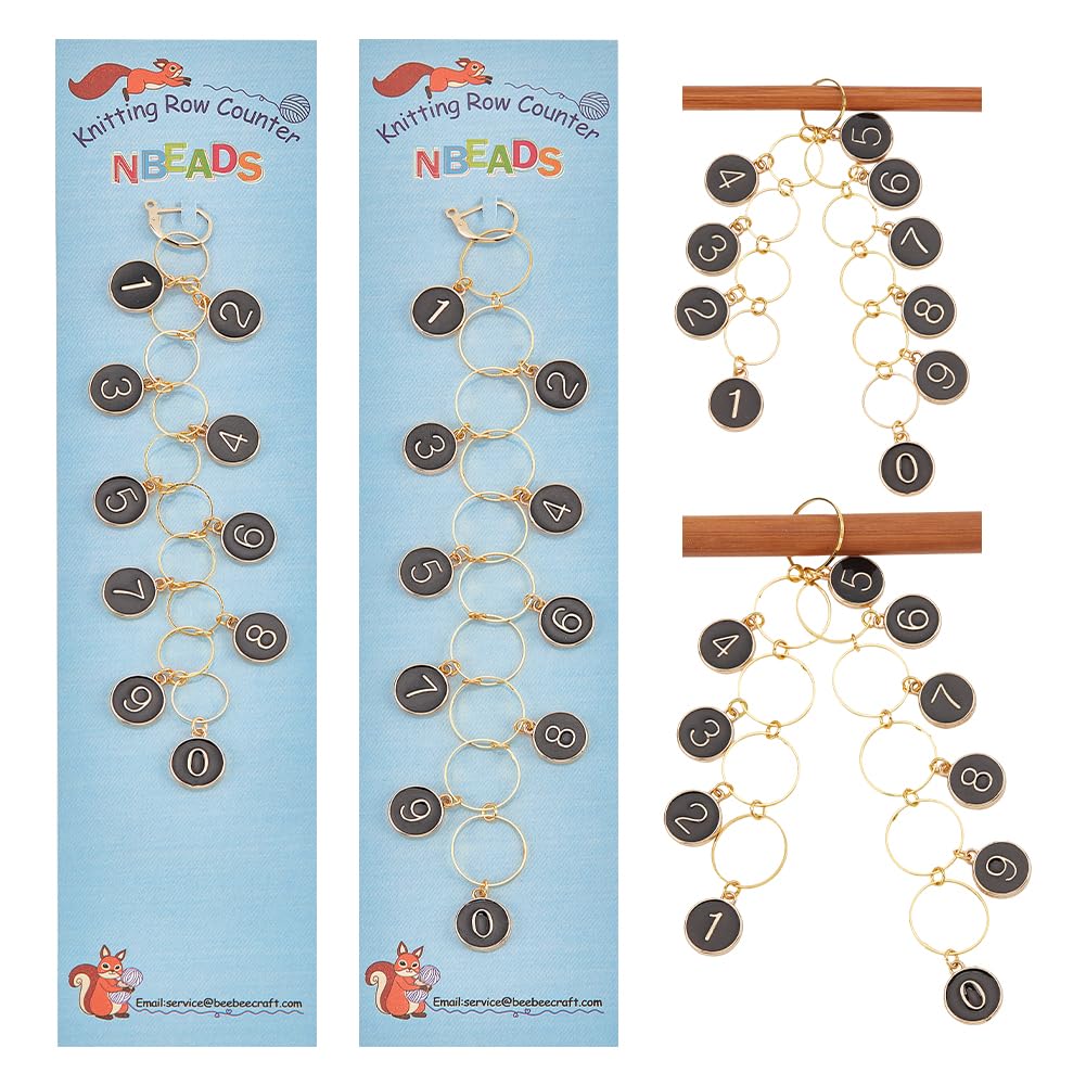 NBEADS 2Pcs 2 Sizes Flat Round Charm Knitting Row Counter Chains, Numbers from 1 to 10 Alloy Enamel Charms Stitch Markers for Knitting Crochet Tracking Project Progress, Black (up to 10mm/14mm)