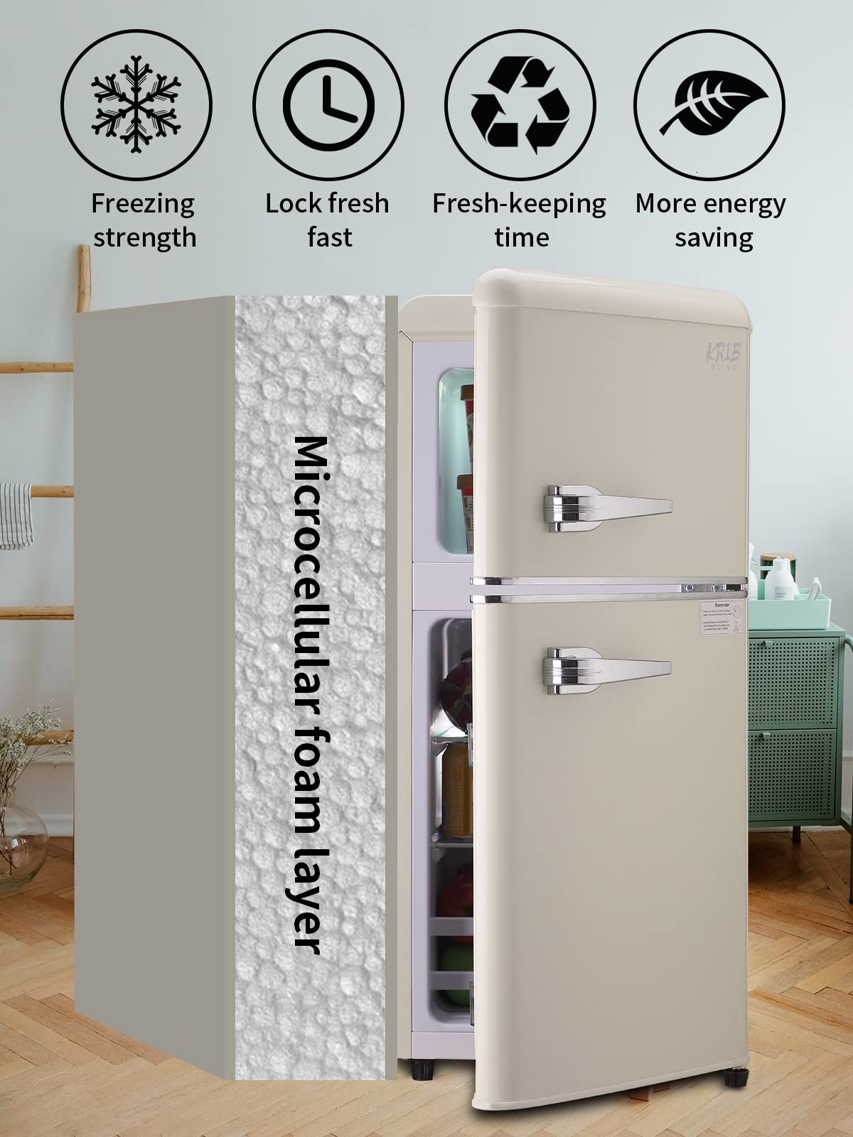 Retro Refrigerator with Freezer 3.5 Cu.Ft with 7 Level Adjustable Thermostat Control 2 Door Energy Saving Top-Freezer Compact Refrigerator Cream (KB03 FLS-80G-Cream-3)