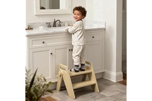 HOMEKOL Toddler Kids Step Stool: Wooden 2 Step Stool for Bathroom Sink, Foldable, Natural Wood Color