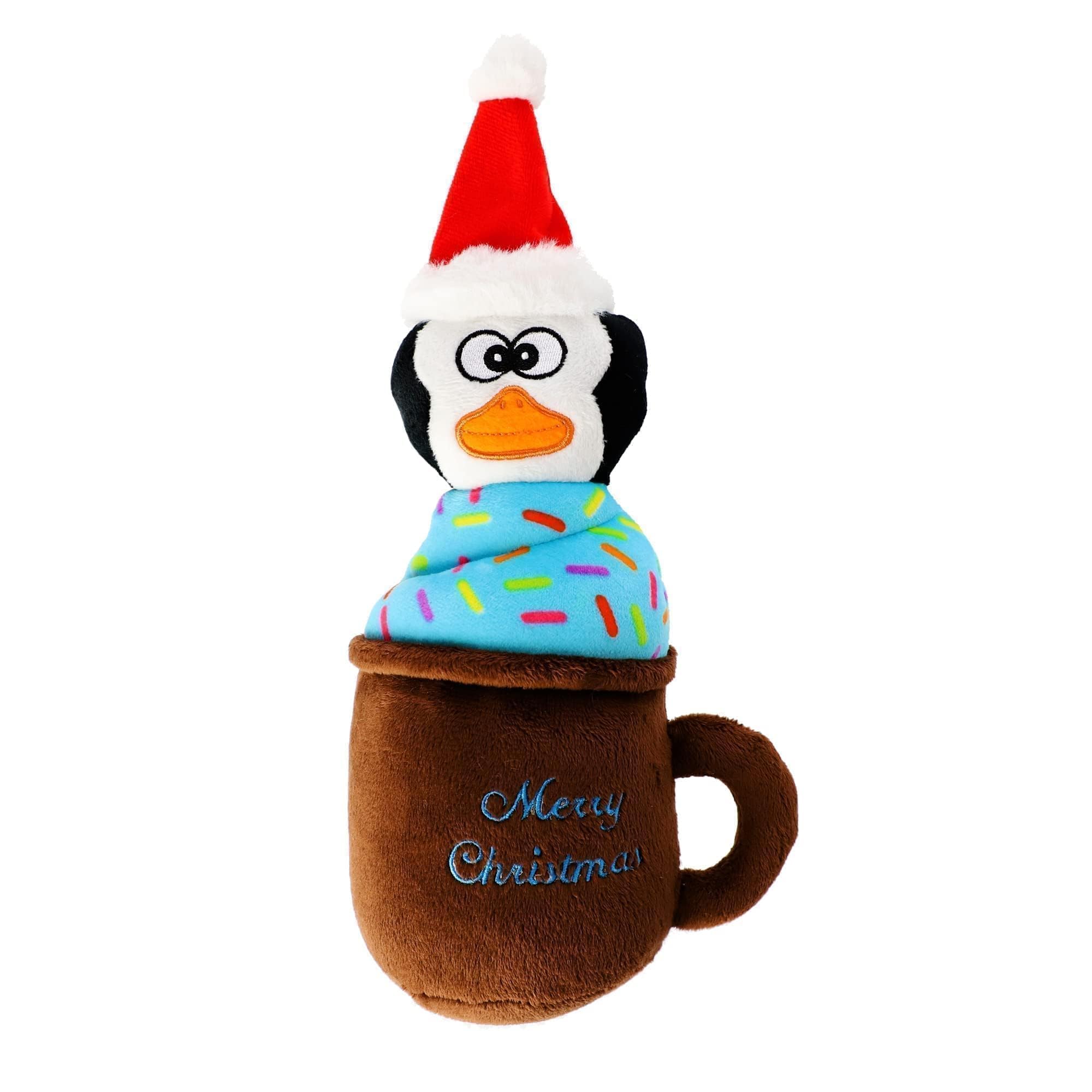 DINGO Plush Penguin Dog Toy in a Brown Cup with a Sewn-in Squeaker, Soft Reward Toy Merry Christmas Inscription, Funny Gift for Dog 30 cm Long, Multicolor 17471