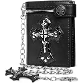 Wallet with Cross Chain Leather - Jesus Gifts - Punk Skull Gothic Bifold Halloween Goth Accessories | Unisex(A)