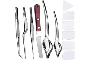 6 Pcs Stainless Steel Cooking Tweezers Precision Tongs with Serrated Tips,Culinary Drawing Spoons, 6 Piece Plastic Plating We