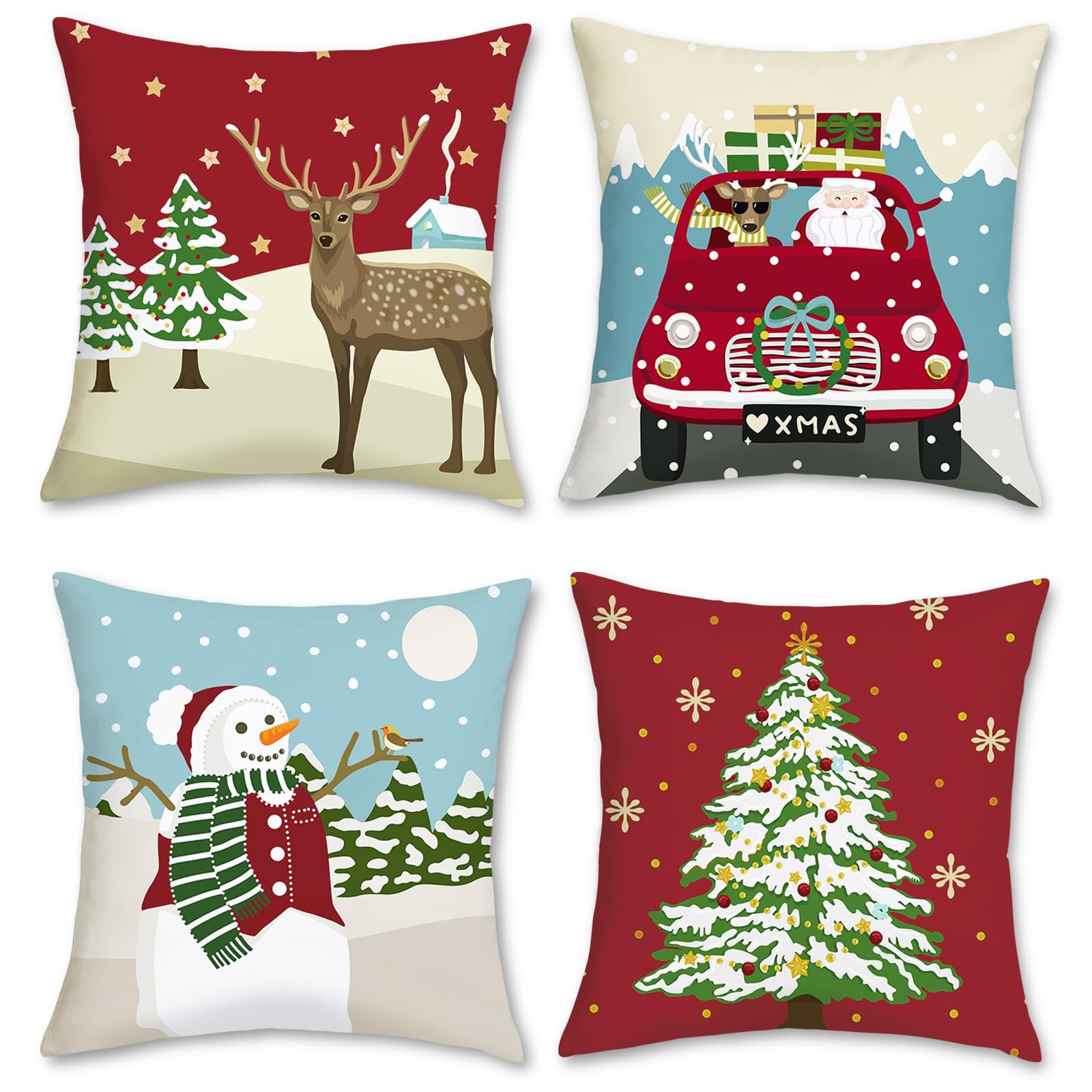 Bonhause Christmas Cushion Covers 45 x 45 cm Reindeer Christmas Tree Snowman Truck Decorative Throw Pillow Covers for Sofa Bed Winter Xmas Decor Set of 4 — image 1