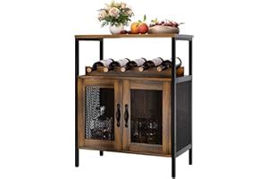 EVASTAR HOME EvaStar Liquor Cabinet with Removable Wine Rack, Industrial Wine Bar Cabinet, Small Home Bar Cabinet with Metal Mesh Doors, Wine Storage for Living Room, Rustic Brown