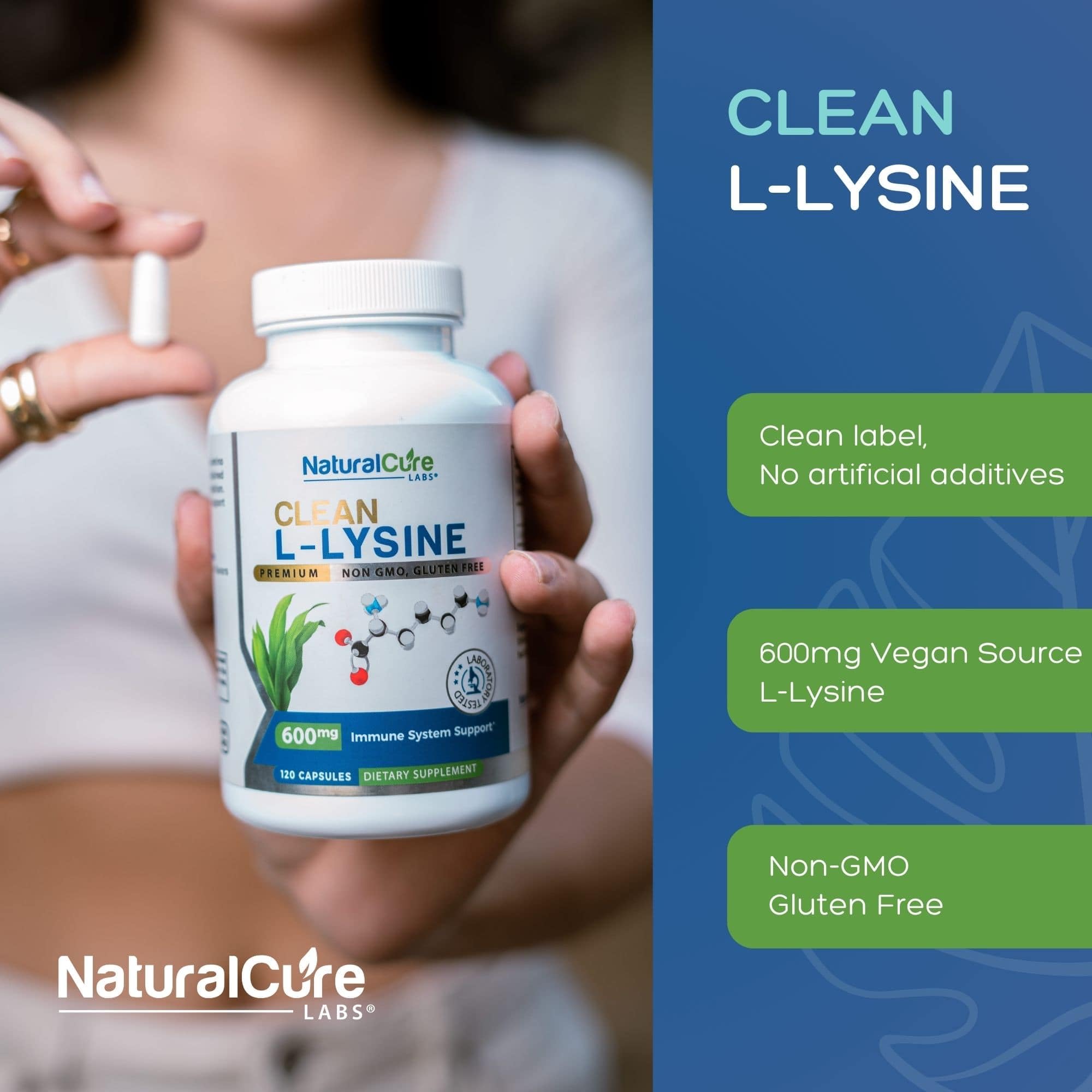 Natural Cure Labs Clean L-Lysine 600mg, 120 Capsules | Vegan, Non-GMO, & Gluten Free