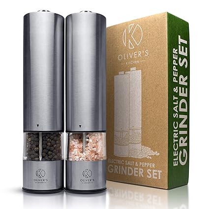Oliver's Kitchen Elektrische Salz und Pfeffermühle Batteriebetriebene Edelstahltöpfe Einstellbare Grobheit mit Licht Premium 