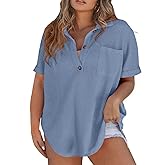 Eytino Plus Size Button Down Shirts for Women Casual Waffle Knit Tops Short Sleeve V Neck Dreesy Blouse Tunic(1X-5X)