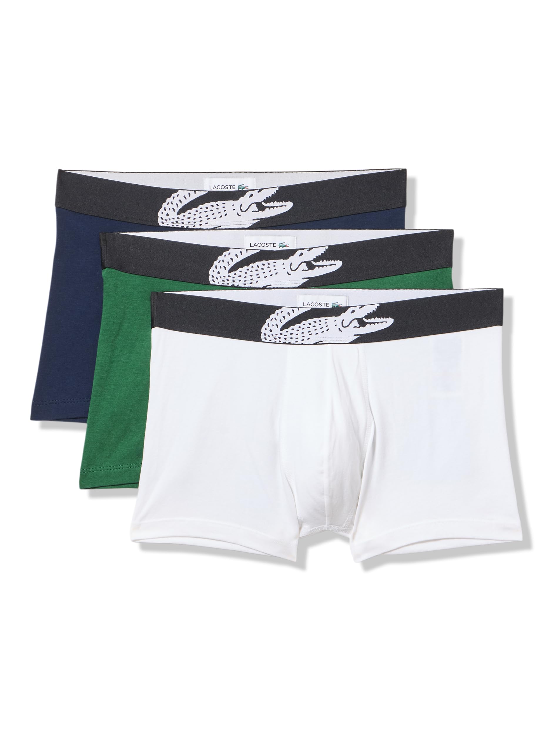 Lacoste Men's Cotton Stretch Big Croc Print Trunks, 3-Pack (Amazon Exclusives), Green/White/Navy Blue, X-Small Image