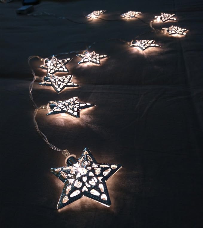Battery Operated Silver Star LED Fairy Lights with 10 Warm White LEDs Amazon.co.uk Kitchen & Home